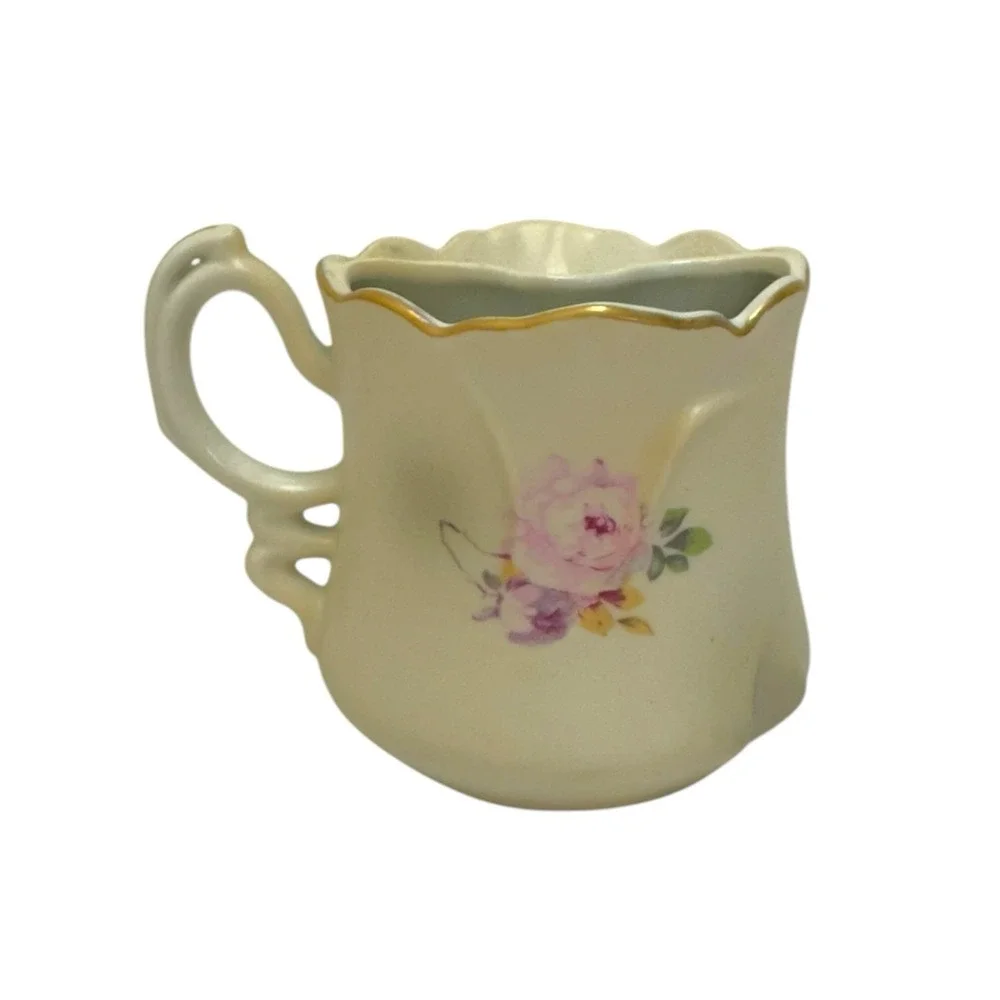 Vintage Victorian Shaving Mug Cup Nippon Hand Painted Floral Porcelain Gold Rim